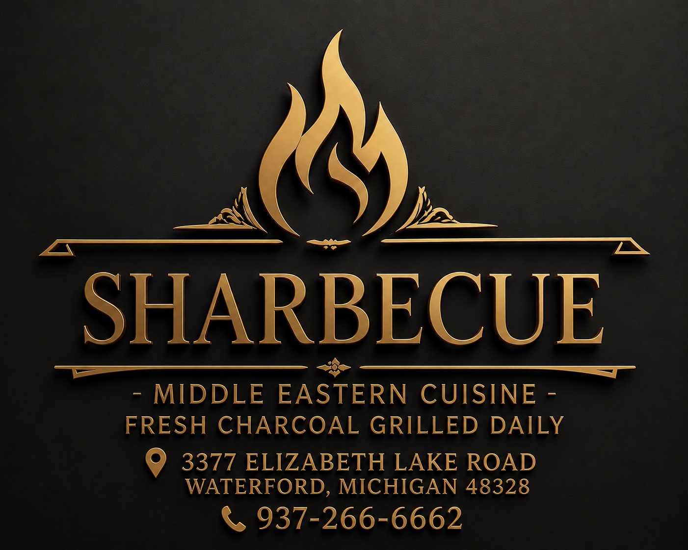 Sharbecue gold flame logo and restaurant contact details